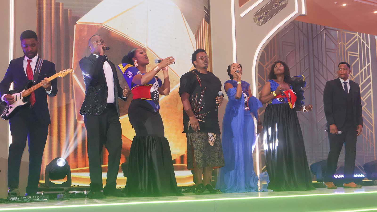 Local artits on the stage during their special rendition of 'Bayethe' for the double celebration. 